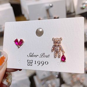 Women's Earrings Gold Teddy Bear & Red Crystal Heart ASymmetrical